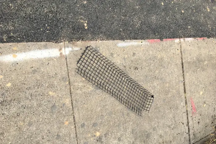 A wire basket sits on the ground